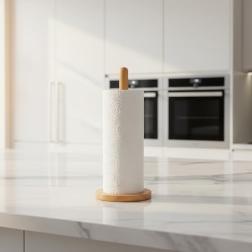 Doğal Bambu Ahşap Kağıt Havluluk, Yuvarlak Tabanlı Tezgah Üstü Dikey Havlu Standı, Mutfak ve Banyo İçin Dekoratif Peçetelik Organizer