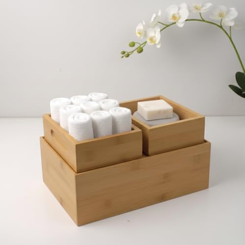 3'lü Modüler Bambu Organizer Set - Üst Üste Geçebilen Çok Amaçlı Çekmece İçi ve Masaüstü Düzenleyici Kutu - Banyo, Mutfak ve Ofis İçin Ahşap Saklama Seti