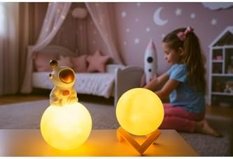 Işık kasabası(25) Ay Üzerinde Oturan Astronot ve 3D Stantlı Küre Düşünen Astronot ve led ay gece lambası sarı