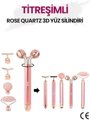 Beauty Vogue 3D Yüz Masaj Silindiri, 5 Başlıklı, Rose Quartz Titreşimli Cilt Bakım Cihazı, Profesyonel