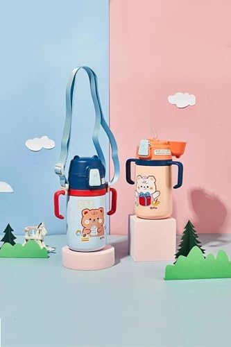 400ml Silikon Pipetli Sevimli Ayıcıklı Boyun Askılı Bebek Kulplu Paslanmaz Çelik Termos (Lacivert)