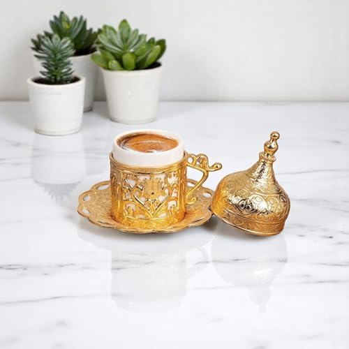 Lale Motifli Türk Kahvesi Fincanı ve Motifli Tabağı – Gövde, Porselen Fincan, Geleneksel Osmanlı Tasarım (Tek Parça) (Altın Sarısı)