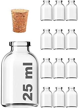 Şeffaf 25 ml / 25 cc Mantar Tıpalı Boş Cam Şişe 12 Adet