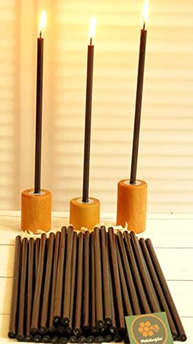 (50 Adet) Mum Ve (3 Adet) Özel Dizayn Ahşap Silindir Mumluk Dilek Mumu Doğal Petek Mum Beeswax Candle (Siyah)