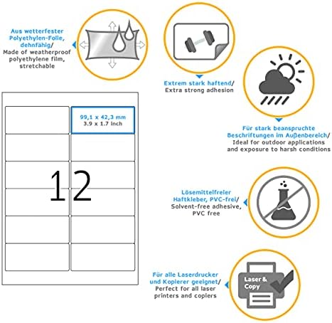 9533 Folyo Etiketleri, 10 Yaprak, 99,1 x 42,3 mm, A4 Başına 12, 120 Adet, Kendinden Yapışkanlı, Mat, Boş Dış Mekan Yapışkan Etiketleri, Polietilen