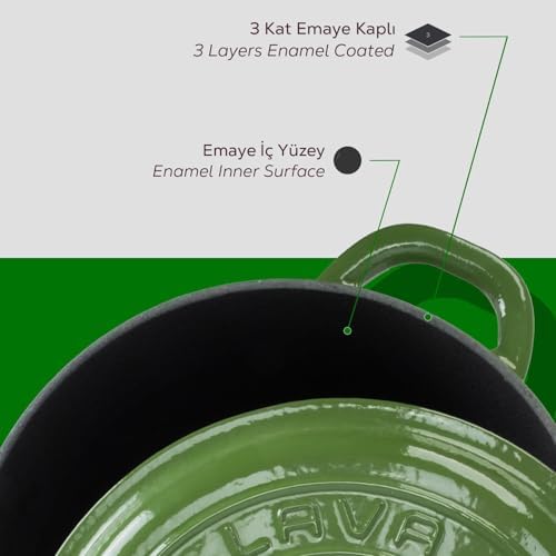 Döküm Yuvarlak Tencere Döküm Demir Kapak New Serisi Çap(Ø)24cm. Yeşil