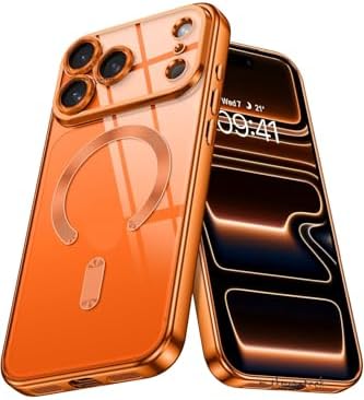 - 17 Pro Max ile uyumlu Kılıf Tam Kamera Korumalı ile Uyumlu Turuncu Kenarlı Arkası Şeffaf Kapak