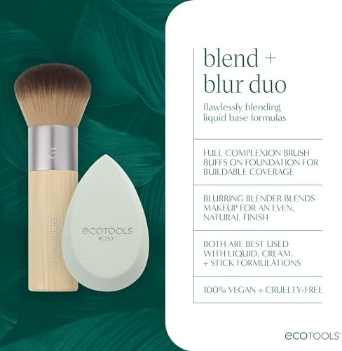 EcoTools Blend + Blur Makyaj Fırçası ve Sünger Duo, Makyaj Blender Sünger ve Fondöten Fırçası, Sıvı ve Krem Makyaj, Bulut Cildi, Çevre Dostu, Lateks İçermez, Zulüm İçermez, & Vegan, 2 Adet