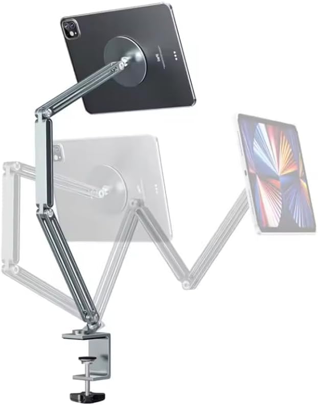 Sınıfının En Profesyoneli ve En güçlüsü 3 Eklemli Manyetik Tablet ve Telefon Tutucu Masa Kenarına Sıkıştırmalı Güçlü Gövde Yüksekliği Ayarlanabilir Alüminyum Stand Silver C67