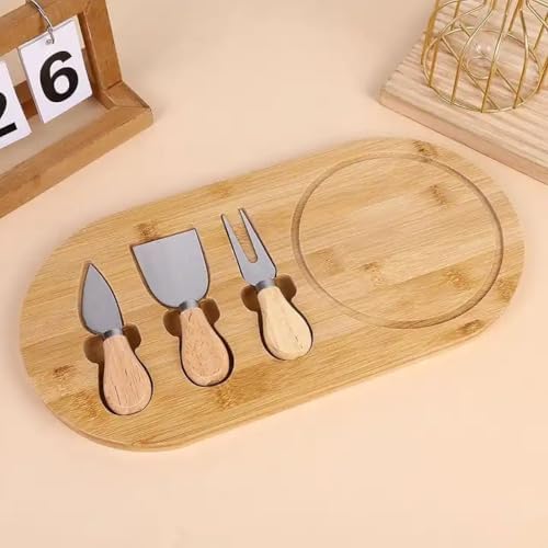 Bambu Peynir Sunum Tabağı, 3 Parça Peynir Bıçağı ve Çatalı Seti, Toplam 4 Parça, Doğal ve Şık Peynir Tabağı, Kaliteli Sunum Seti 34x20 cm Ebatlarında