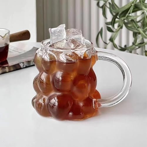2 Adet Kulplu Boncuk Şekilli Cam Bardak – 350ml Borosilikat Üzüm & Kabarcıklı Tasarım | ve Darbeye Dayanıklı Soğuk Kahve, Çay, Meyve Suyu Bardağı (Kulplu 3D Cam Bardak Seti)