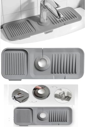 Musluk Mat, Eviye Matı,Elastik Musluk Matı Su Tutucu Düzenleyici Kaydırmaz Taban Organizer Mutfak Banyo Lavabo, Silikon (Gri)