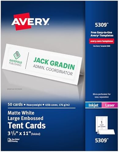 Baskılı Büyük Çadır Kartları, Lazer ve Mürekkep Püskürtmeli Yazıcılar, 50 Kart, 3,5 x 11 (5309), Beyaz