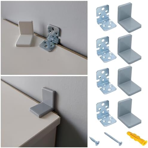4-Adet Gri Dekoratif Plastik Kapaklı Ağır Dolap Montaj Askı Elemanı - Deprem Dolap Sabitleme Aparatı Seti - Mobilya Şifonyer Kitaplık Raf Masa Duvara Sabitleyici L Demir