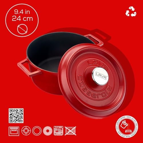 Metal Spring Serisi - Döküm Tencere, Yuvarlak, 24 cm, Mat, Parlak Siyah Taban, Kırmızı