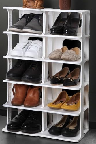 5 Katlı Plastik Raf, Eklenebilir ve Büyütülebilir Düzenleyici Organizer, Kapı Önü ve Ev İçi Kullanım İçin İdeal, Uzun Ömürlü ve Dayanıklı (Beyaz)