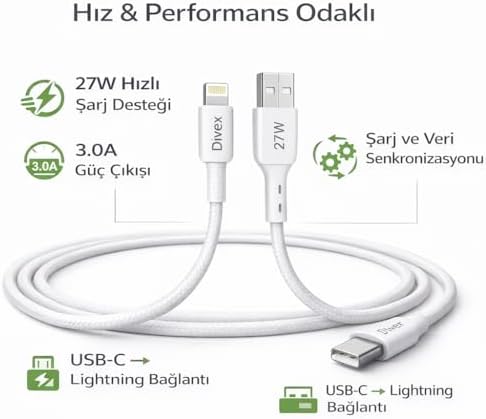 USB-C’den Lightning Şarj Kablosu 1 Metre | 27W Hızlı Şarj, 3.0A Güç Çıkışı | Örgülü Dayanıklı Tasarım, Akıllı ve Güvenli Şarj Desteği