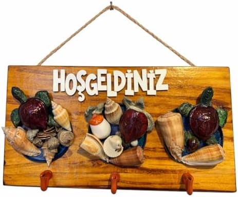 Deniz Kabuklu ve Kaplumbağa Figürlü Ahşap Duvar Anahtarlığı – Hoşgeldiniz Yazılı Dekoratif Askılık, Giriş Holü Kapı Süsü Ev Dekoru.