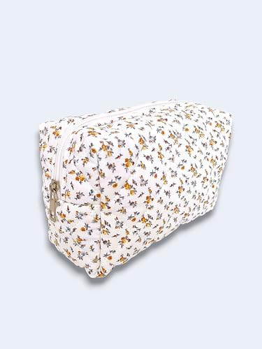 Makyaj Çantası | Makeup Bag | Kapitone Bakım Seyahat Kozmetik Çantası (Beyaz-Sarı)