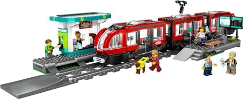 City Şehir Merkezi Tramvay İstasyonu 60423-7 Yaş ve Üzeri Kız ve Erkek Çocuklar için 6 Minifigür ve 1 Yardımcı Köpek Figürü İçeren Araç Yapım Seti, Doğum Günü Hediyesi Fikri (811 Parça)