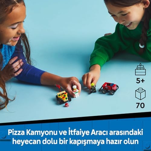 City Pizza Arabası İtfaiye Kamyonuna Karşı Yarış Arabası Paketi 60458-5 Yaş ve Üzeri Çocuklar için Yaratıcı Oyuncak Yapım Seti, Doğum Günü Hediyesi (70 Parça)