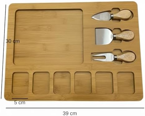 Bambu Peynir Sunum Tahtası – 3 Çelik Bıçaklı Şarküteri Servis Seti, Bölmeli Ahşap Atıştırmalık Tepsisi, 39x30 cm