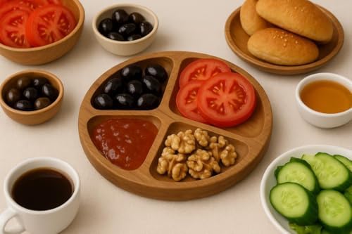 Doğal Ahşap Çerezlik ve Kahvaltılık – 4 Bölmeli Sunum Tabağı T9