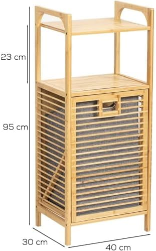 Bambu Banyo Dolabı, 2 Raflı Çamaşır Sepeti Organizatör, Ahşap, 75 L Çıkarılabilir Kumaş Kirli Çamaşır Haznesi Kirli Sepetli