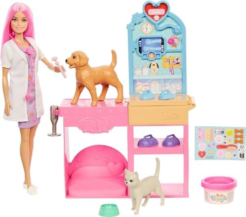 'nin Veteriner Kliniği oyun seti, pembe saçlı bebek, veteriner eşyaları ve alçıyla bandaj hazırlama hamuru dahil 10'dan fazla aksesuar, JFX93