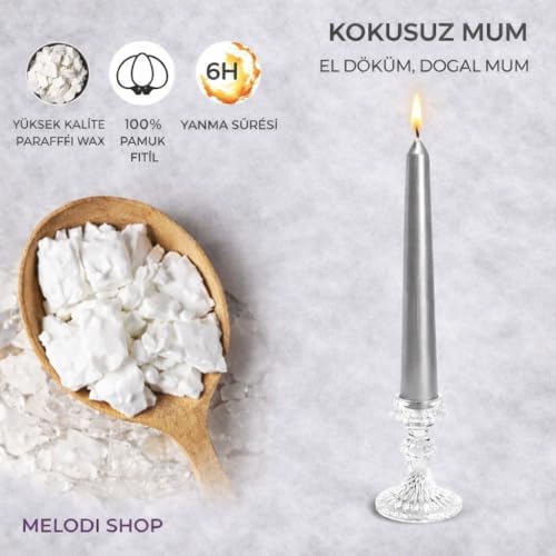 Gümüş Renk İnce Şamdan Mum Seti – 25 cm Uzunluk – 10’lu Paket – Dekoratif Taper (Dilek) Mum – Şık Masa, Davet ve Özel Gün Dekorasyonu İçin