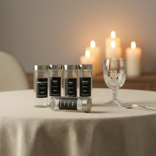 12’li Metal Kapaklı Cam Baharatlık Seti, 80ml, 110ml ve 170ml Boyut Seçenekli, Etiket Hediyeli Silindir Baharat Takımı, Modern Mutfak Düzenleyici Kavanoz Seti (170ML- 12 ADET)