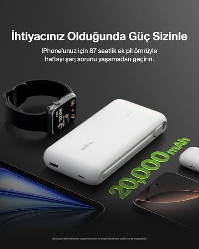 Taşınabilir Şarj Cihazı, 20K Entegre Kablolu Taşınabilir Güç Kaynağı, 30 W Güç İletimli Hızlı Şarj, USB-C Güç İletimi, 16 Serisi, iPad Pro, Galaxy S25 ve Daha Fazlası için, Beyaz