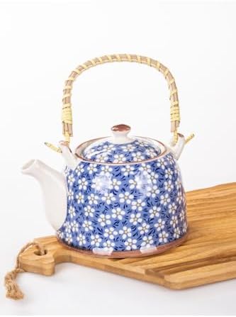 Hasır Saplı Porselen Demlik Çiçek Desenli, 900Ml Çay, Kahve, Bitki Çayı Sunum, FAN17