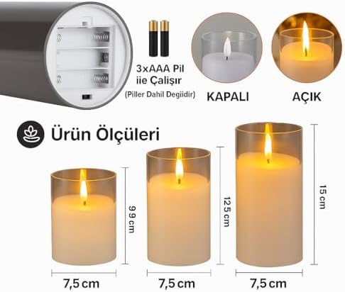 Prag 3’lü LED Mum Seti | 3200K Işık | Pilli Çalışan (3×AAA – Dahil Değil) | Gerçek Alev Efektli, Dekoratif Cam Mumlar | Ev, Salon, Yılbaşı, Masa Üstü Kullanım