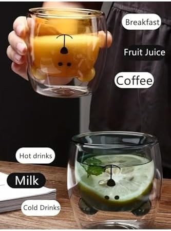 Çift Cidarlı Ayı Desenli Borosilikat Cam Bardak – 250 Ml, Dayanıklı,Kahverengi