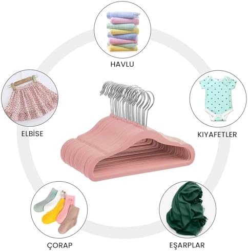 10 Adet Çocuk Bebek Askısı, Kadife Kaymaz Sağlam Elbise Askısı, 360 Derece Döner Kancalı Gömlek Pantolon Tshirt Mont Askı (Pembe)