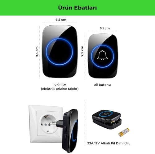 Kablosuz Uzaktan Kumandalı Kapı Zili Mavi Led Işıklı 60 Melodi 300 m Menzil Ev Ofis Depo, Logosuz Tasarım, Hasta Yaşlı ve Bakıma Muhtaçlar için Acil Çağrı Butonu, Tak Çalıştır, Siyah