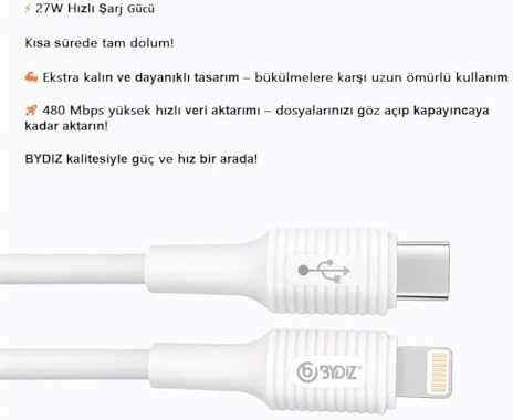 27W USB C To Lightning Hızlı şarj ve Data Kablosu (1m) Hızlı Şarj Kablosu 14/13/12/12 Pro Max/11/Xs Max/XR/X,AirPods Pro Uyumlu Bydiz RMX-480