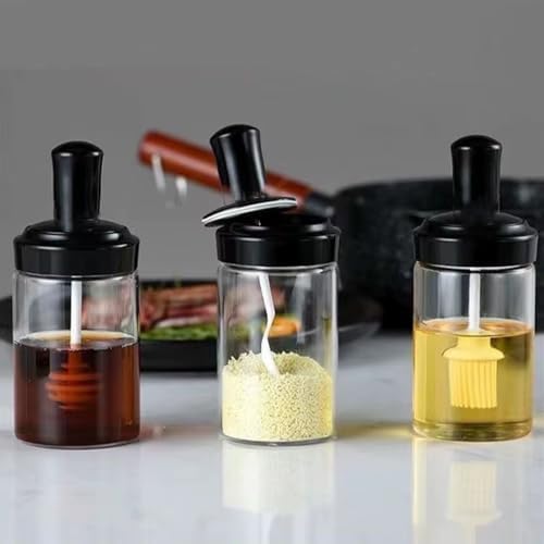 Cam Baharatlık Seti, 6'lı, Kendinden Fırçalı ve Kaşıklı, Bal Kavanozu, Siyah Kapaklı Set, 300 mL Baharatlık Kavanoz Ballık Seti