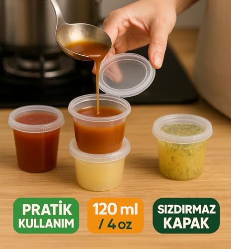 50 Adet 120 ml Saklama Kabı – 4 oz Kemik Suyu, İlik Suyu, Anne Sütü, Sos ve Püre Saklama Kabı, Dondurucu Uyumlu Buzluk Kabı, Sızdırmaz Kapaklı