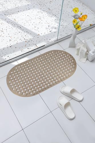 Premium Serisi Banyo - Küvet İçi Kaydırmaz Vantuzlu Yuvarlak Desenli Oval Paspas 66,5 x 36,5 cm, Taba