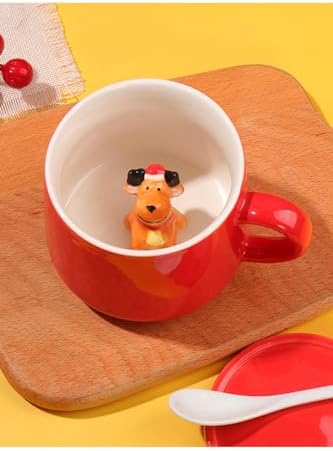 3D Yavru Geyik Biblolu Kırmızı Porselen Kupa - 350Ml | Şık Ve Eğlenceli Tasarım,Kırmızı