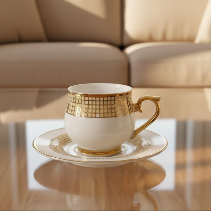 6 Kişilik Lüks Yaldızlı Porselen Türk Kahvesi Fincan Takımı, Mozaik Desenli ve Altın Kulplu, 12 Parça Çeyizlik Klasik Sunum Seti