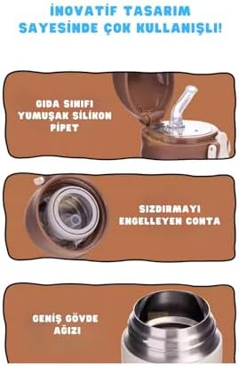 480ml Sevimli Hayvanlar Desenli Pipetli Kilitlenebilir Kapak Paslanmaz Çelik Termos
