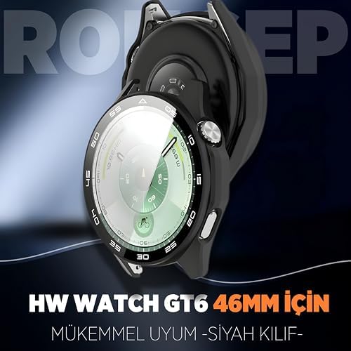 GT6 46mm için Dereceli Stil Sert Kasa Koruyucu Kılıf PC Malzeme + Ekran Korumalı Çizilmeye Karşı Koruyan Dokunmatiği ve Görüntüyü Etkilemeyen Saat Koruyucu (Siyah)