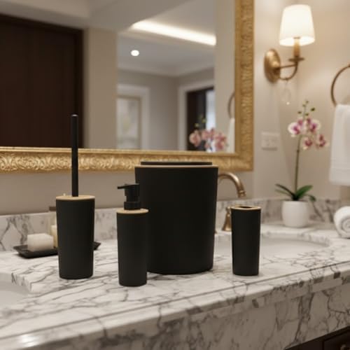 Şık 4’lü Banyo Seti – Çöp Kovası, Tuvalet Fırçası, Sıvı Sabunluk ve Diş Fırçalık| Modern ve Dayanıklı Tasarım