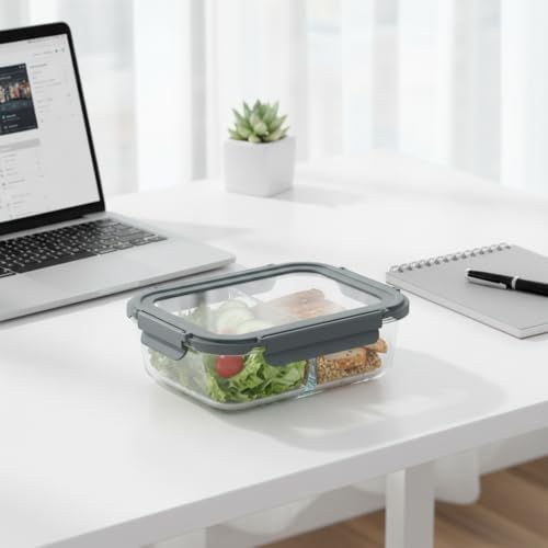 1500 ML Büyük Boy İki Bölmeli Cam Saklama Kabı, Sızdırmaz Kilitli Kapaklı Yemek Beslenme Kutusu, Fırına Girebilen Borosilikat Cam Lunch Box Sefer Tası