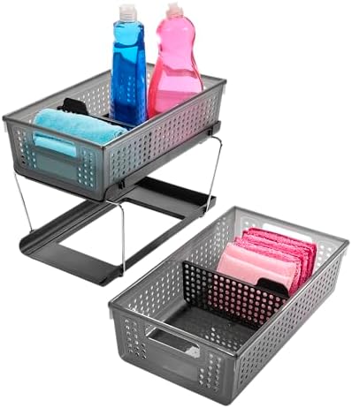 2 Katlı Düzenleyici Bölücülü - Banyo Koleksiyonu Saplı Kaydırmalı Sepetler, Yer Tasarrufu, Çok Amaçlı Depolama ve BPA İçermez, Büyük, Karbon