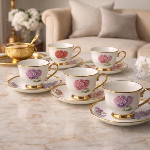 6 Kişilik Porselen Türk Kahvesi Fincan Takımı - Romantik Ortanca Çiçek Desenli, Kenarlı ve Kulplu 12 Parça Şık Sunum Seti