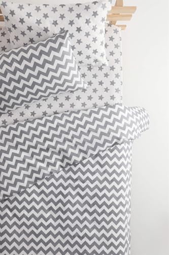 Zigzag Desenli Lastikli Çarşaflı Pamuklu Tek Kişilik Nevresim Takımı - Gri FvoraNM1330